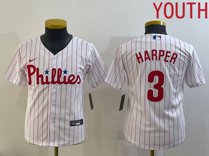 Youth Philadelphia Phillies 3 Harper White Stripe Game Nike 2022 MLB Jersey